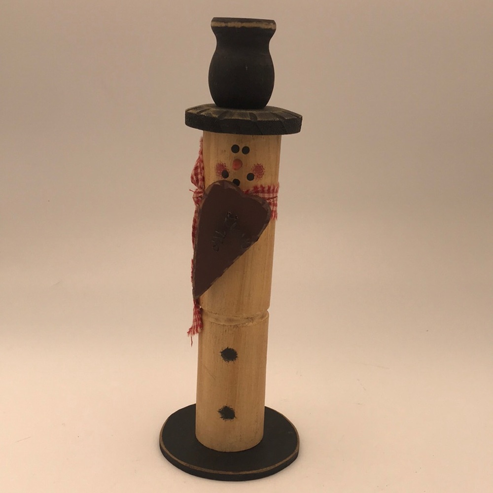 Wood Handcrafted‎ Rustic Folk Art Snowman Candle Holder w/ Heart & Plaid Scarf